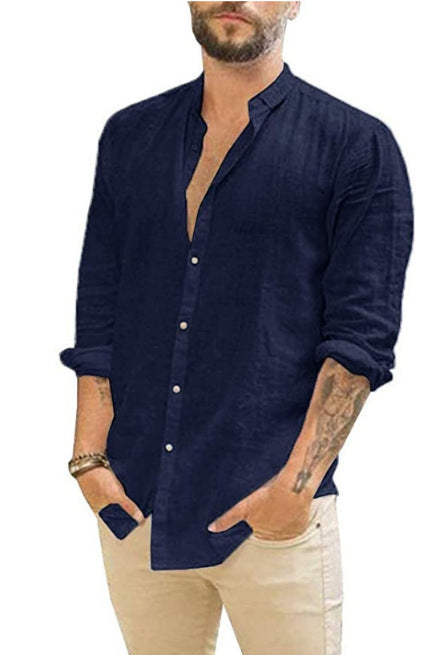 Camisa Casual de Cuello Mao Manga Larga Color Liso - Image 8