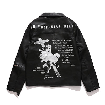Chaqueta de Cuero para Hombre con Estampado de Letras y Cierre - Image 8