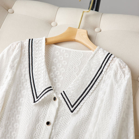 Blusa Ejecutiva de Encaje Tres Cuartos Blanco Talla S - Image 5