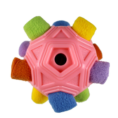 Purple hollow-out pet dog toy ball with colorful fabric protrusions for biting and smelling activities. - Image 7