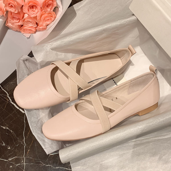 Zapatos Planos de Cuero con Banda Elástica Cruzada