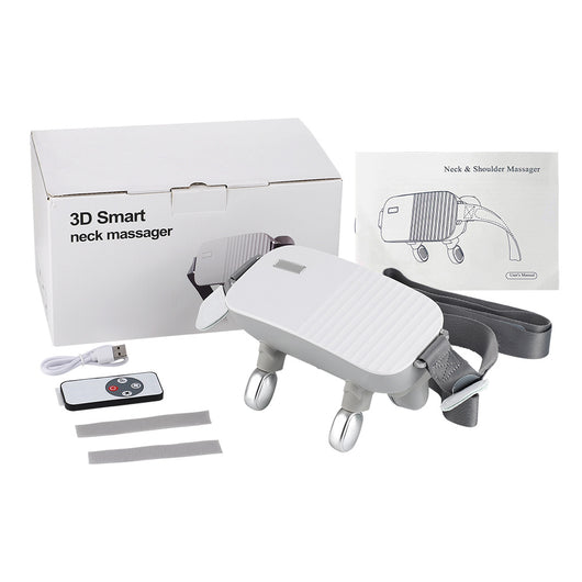 White and grey 3D smart neck massager with remote control, USB cable, and user manual, shown with its packaging. - Image 6