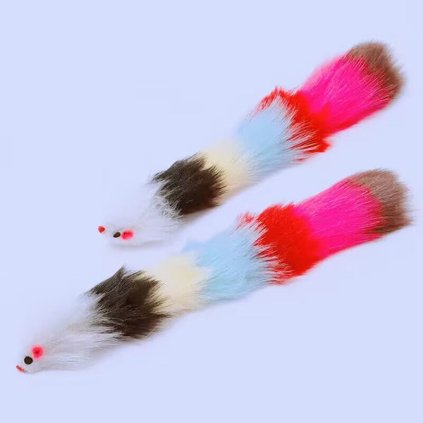 Two colorful plush mouse pet toys with segmented bodies in white, black, yellow, blue, red, and pink, on a white background.