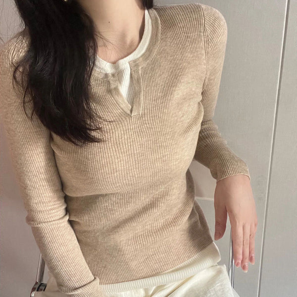 Suéter Ajustado Doble Textura con Cuello Redondo en Lana Merino
