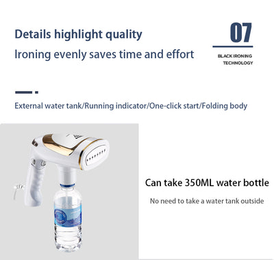 White and gold handheld folding steam iron with clear cistern, long bristle brush, fluff brush, and measuring cup. - Image 16