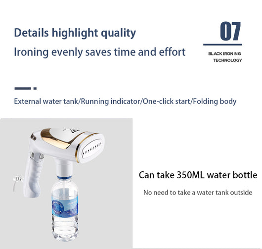 White and gold handheld folding steam iron with clear cistern, long bristle brush, fluff brush, and measuring cup. - Image 16
