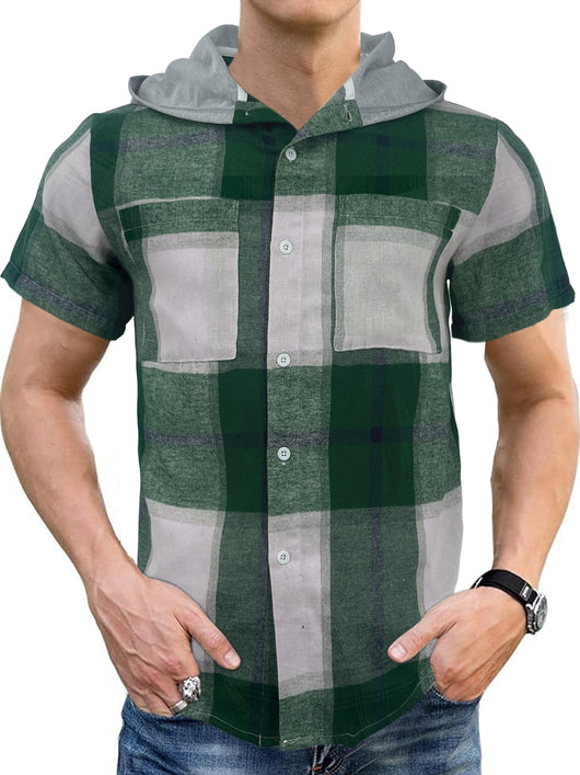 Camisa Casual Ejecutiva de Cuadros con Capucha - Manga Corta para Hombre - Image 4