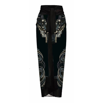 Women's one-piece swimsuit with a black, gold chain, and anchor pattern, featuring a large teal flower on one shoulder. - Image 7