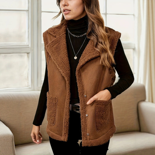 Chaleco de Gamuza con Cuello de Pana y Costuras Decorativas para Mujer