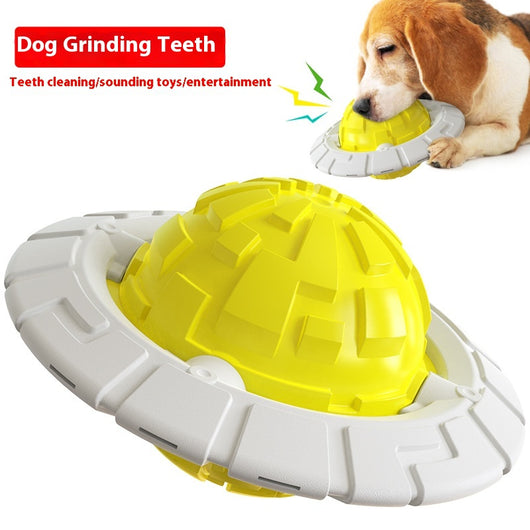 Green and white plastic dog toy with a textured ball center and a flat ring, designed for teeth grinding and sound interaction. - Image 3