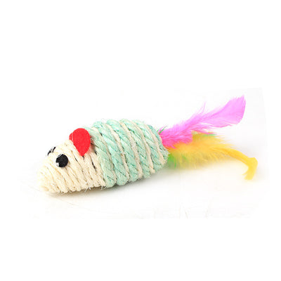 Five colorful sisal cat toy mice with red ears, black eyes, and some with vibrant feather tails. - Image 2