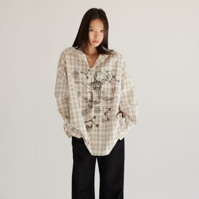 Camisa Cuadriculada Beige Oversized con Protección Solar para Mujer