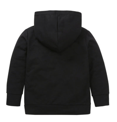 Black children's hooded pullover sweater with "STRAIGHT OUTTA TIMEOUT" in white text and a kangaroo pocket. - Image 6