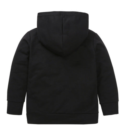 Black children's hooded pullover sweater with "STRAIGHT OUTTA TIMEOUT" in white text and a kangaroo pocket. - Image 6