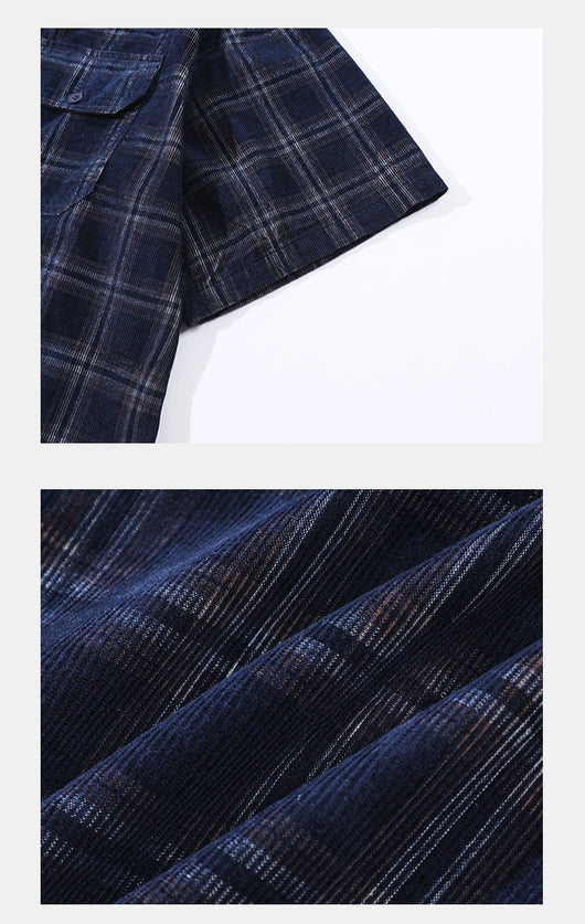 Camisa Cuadros Corduroy Manga Corta Suelta Unisex - Image 12