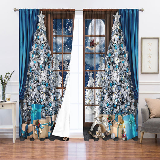 Digital printed Christmas curtains with a festive garland design, red ornaments, bows, and berries, on a white background. - Image 22