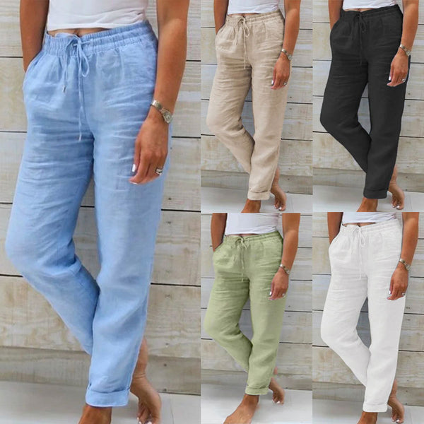 Pantalones Casuales de Cintura Alta para Mujer en Algodón y Lino