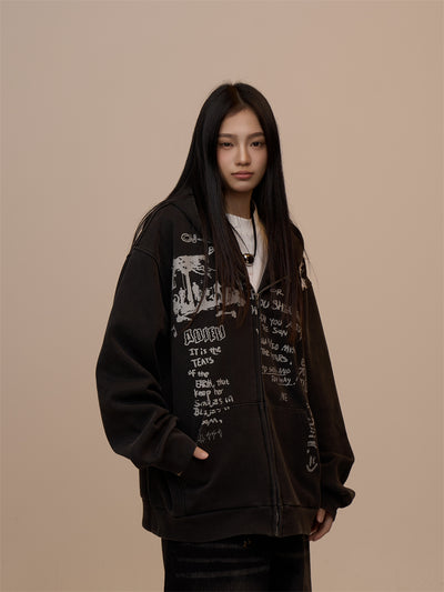 Sudadera Mujer con Capucha y Cierre - Estampado de Letras Negro - Image 18