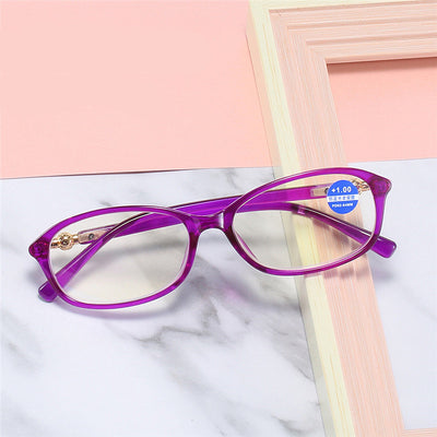 Elegant purple full-frame reading glasses with gold accents on the temples, featuring a +1.00 magnification. - Image 2
