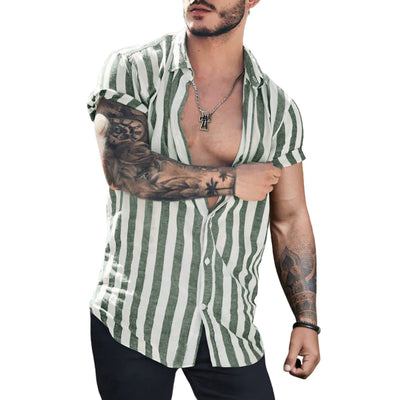 Camisa Cardigan de Lino con Rayas y Solapa para Hombre - Image 2
