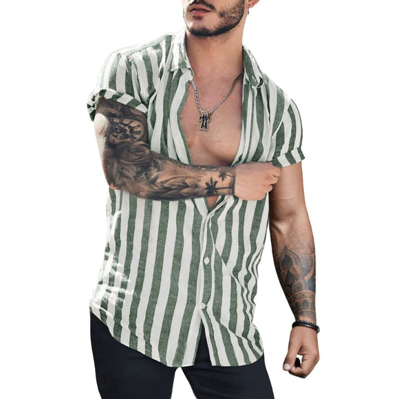 Camisa Cardigan de Lino con Rayas y Solapa para Hombre