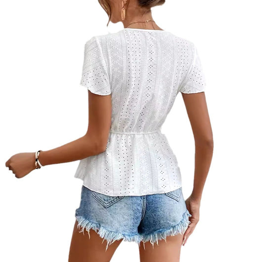 Blusa Elegante de Encaje con Manga Volante y Cuello en V - Image 5