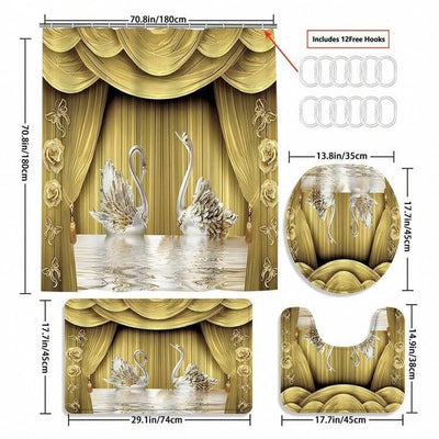 Gold and white three-piece bathroom mat set with a swan and floral design, including a bath mat, contour mat, and toilet lid cover. - Image 9