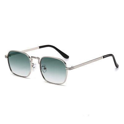 Gold frame square-oval sunglasses with gradient black and grey lenses and black temple tips on a white background. - Image 9