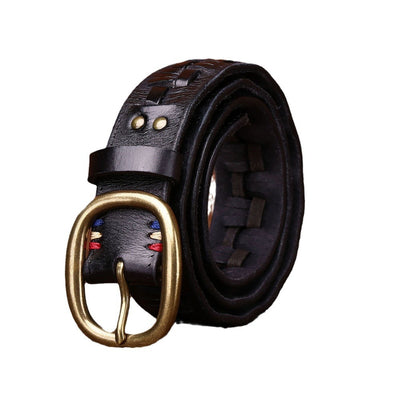 Cinturón de Cuero Tejido a Mano para Hombre con Hebilla de Latón Ajustable sin Perforaciones - Image 5