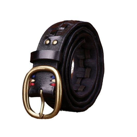 Cinturón de Cuero Tejido a Mano para Hombre con Hebilla de Latón Ajustable sin Perforaciones - Image 5