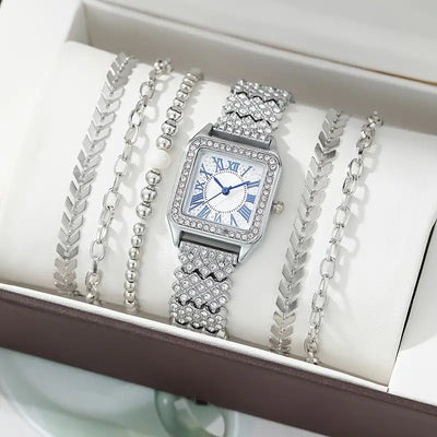 Reloj Cuadrado de Moda con Pulsera de Cuentas Brillantes Ajustable - Image 3