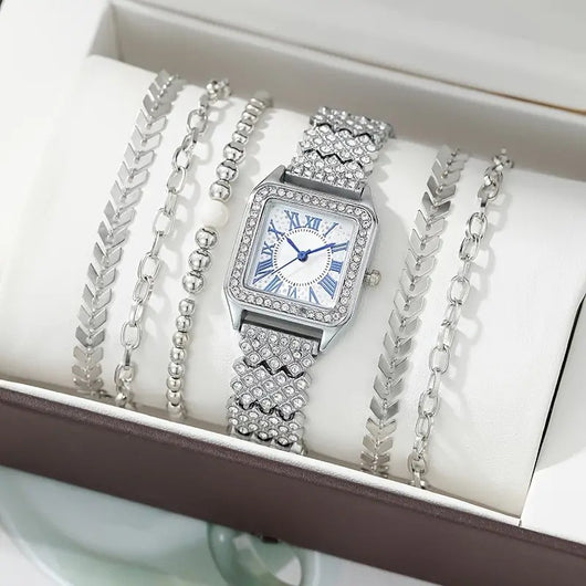 Reloj Cuadrado de Moda con Pulsera de Cuentas Brillantes Ajustable - Image 3