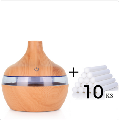 Wood grain aromatherapy USB humidifier with water drop shape, lid open, showing internal components and LED light options. - Image 10