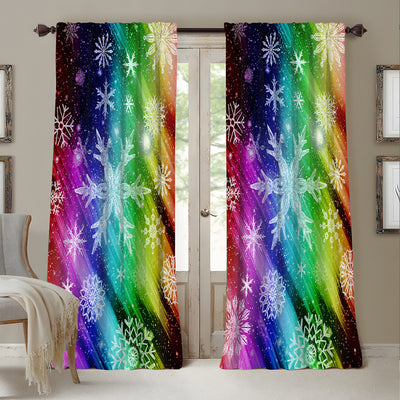 Pair of Christmas curtains with a 3D digital print of a snowy winter window scene, frosted trees, and snowflakes. - Image 3