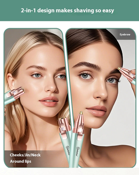 Two mint green and rose gold 2-in-1 electric eyebrow shaping devices with USB cables and packaging. - Image 14