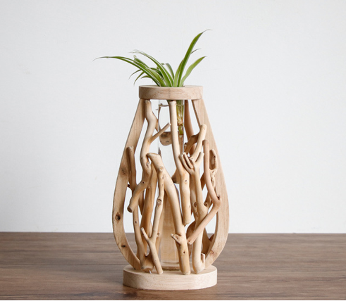Jarrón de Madera Maciza Artesanal con Diseño Decorativo para Flores y Plantas Hidropónicas - Image 20