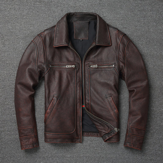 Chaqueta de Cuero Genuino Motociclista Vintage Desgastada para Hombre
