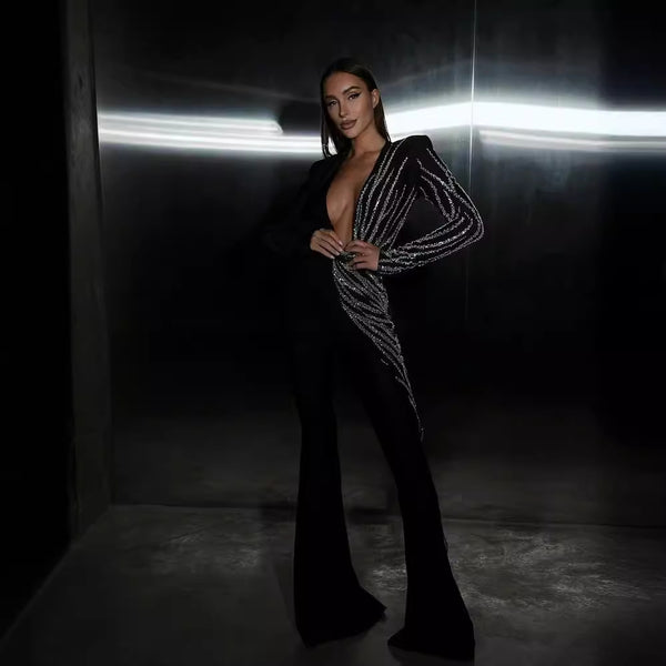 Jumpsuit Elegante Escotado con Lentejuelas y Strass