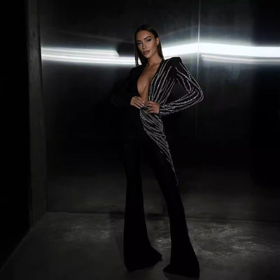 Jumpsuit Elegante Escotado con Lentejuelas y Strass