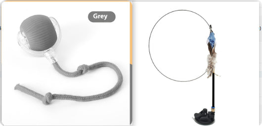 Interactive cat toy set featuring a blue rolling ball with a rope and a feather wand with a suction cup base. - Image 4