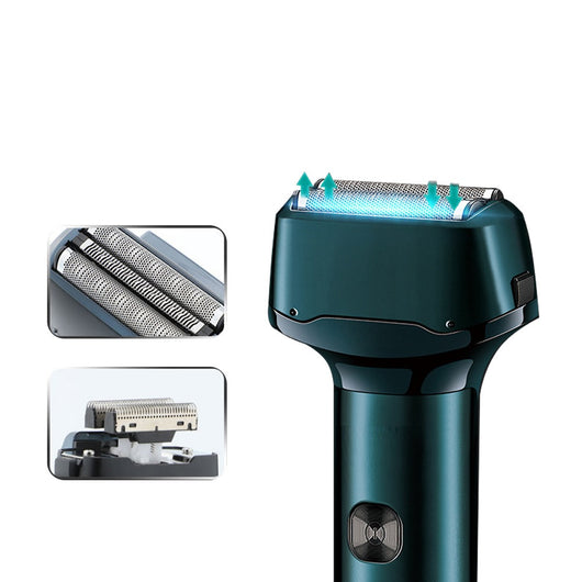 Dark teal rechargeable electric shaver with dual foil heads, featuring water droplets on its body, indicating it's washable. - Image 3