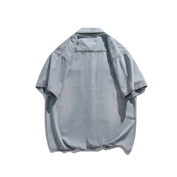 Camisa Denim Retro Estilo Japonés Manga Corta para Hombre