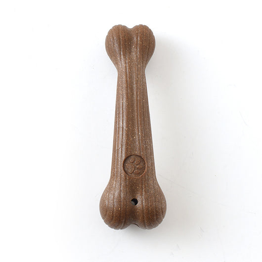 Brown bone-shaped dog chew toy with a paw print detail and small hole, designed for small dogs. - Image 13