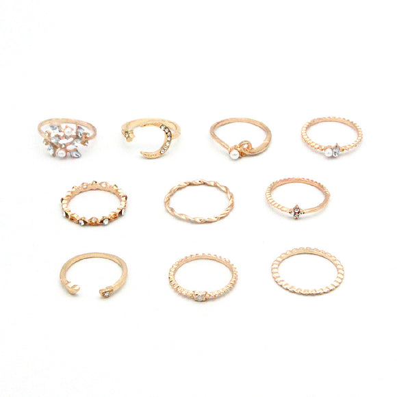 Juego de 10 Anillos Bohemios: Luna, Estrella, Amor y Perla
