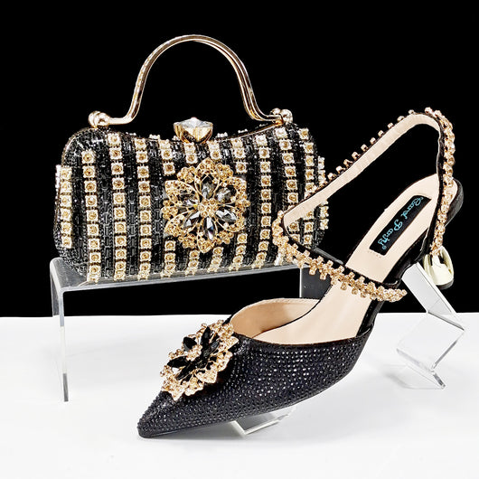 Conjunto de Zapatos y Bolso para Mujer con Cadena de Cristales y Broche Floral - Image 6