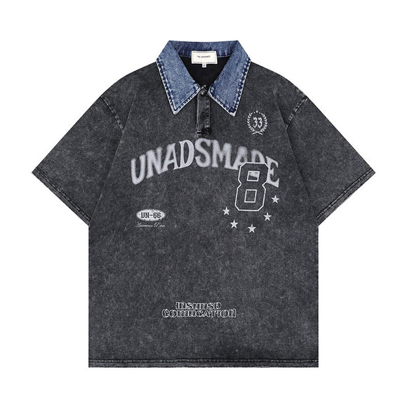 Playera Denim Lavada con Estampado de Letras y Contraste de Colores