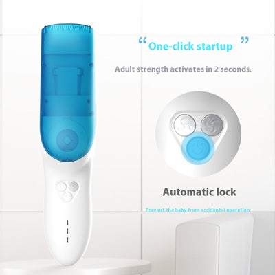 White and blue electric hair clipper with a transparent blue hair disposal compartment, shown with text highlighting its easy-clean feature. - Image 9