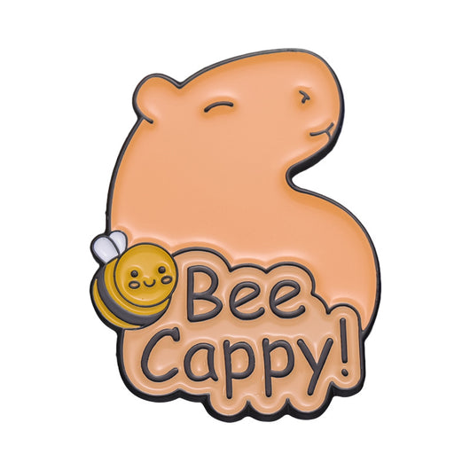 Cute capybara enamel brooch wearing a pink donut with sprinkles and "DONUT WORRY BE CAPPY" text. - Image 31