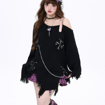 Suéter Holgado Desgarrado con Hombros Descubiertos y Flecos para Mujer Otoño Invierno - Image 10