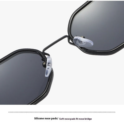 Men's personalized polygon sunglasses with black and gold frame and purple gradient UV resistant lenses. - Image 14